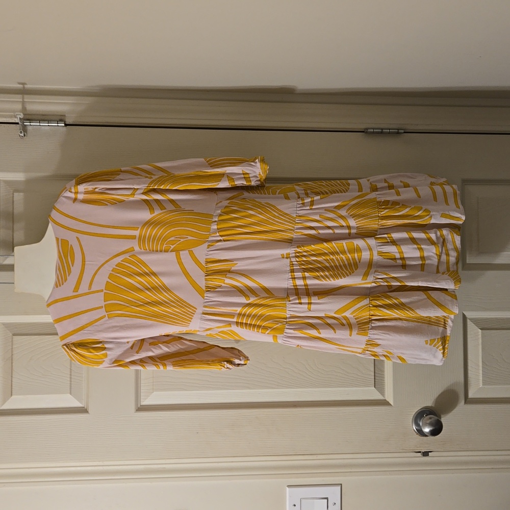 See U Soon brand tropical leaf pattern tiered dress in a pale pink and yellow - Picture 5 of 7
